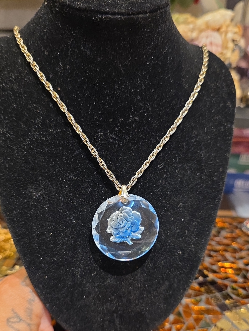 Vintage Blue Crystal Rose Pendant Necklace - Vintage